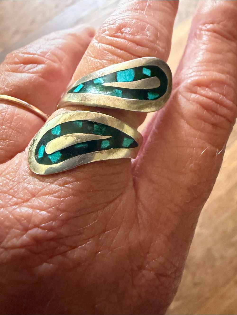 Turquoise Inlay Sterling Silver Spoon Ring - Teal Green